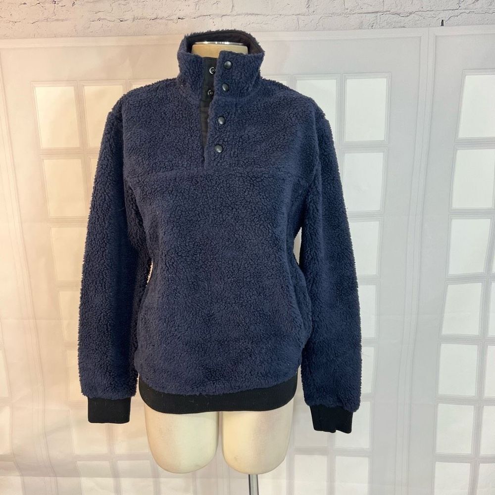 J Crew Long Sleeve Sherpa Mock Neck Henley Buttons Pullover Navy Sweater Size S